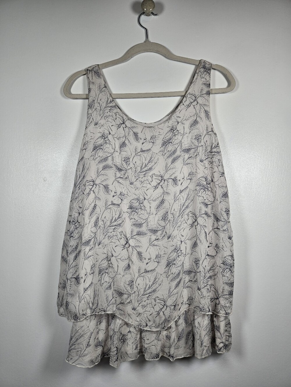 Giusy Silk Italy White Blue Floral Layered Tank Top Blouse Size Large